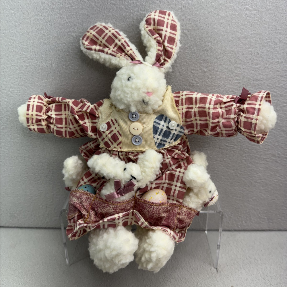VTG Bunny Rabbit Plush Shelf Sitter 14" Maroon Gingham Easter Decor Toy Cottage